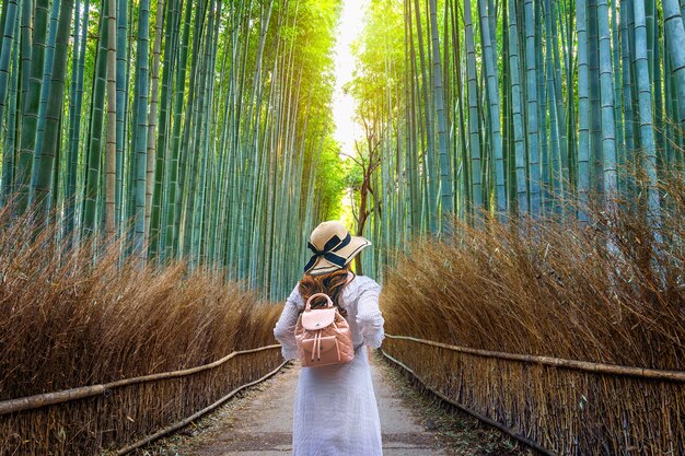 京都の竹林を歩く女性。