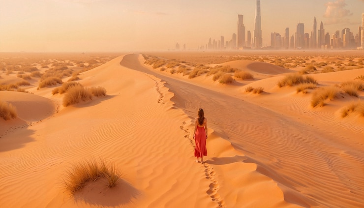 Free Photo woman walking on sand dunes with a city skyline in the distance