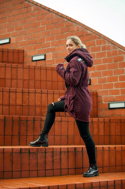 Woman walking upstairs