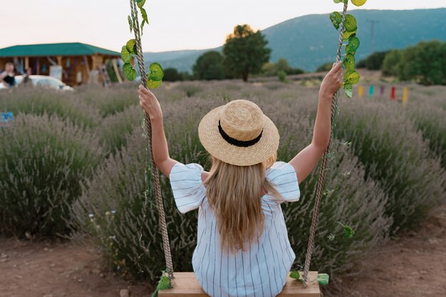 Woman watching a field of lavender