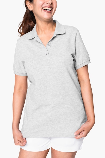 Free photo woman wearing basic gray polo shirt apparel