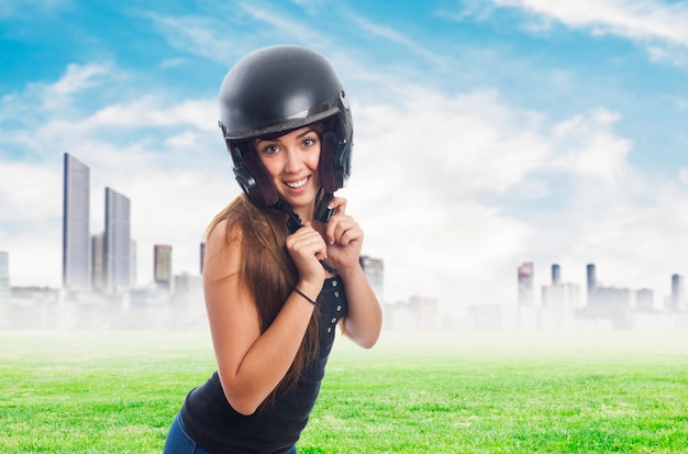 Free photo woman wearing in black helmet on head.