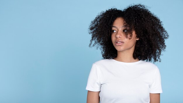 Woman wearing blank white shirt medium shot