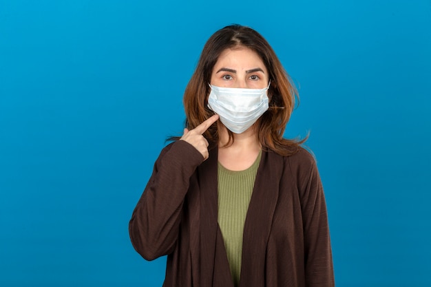 Woman wearing brown cardigan in medical protective mask pointing to mask with confident look standing over isolated blue wall