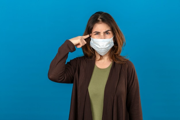 Woman wearing brown cardigan in medical protective mask pointing temple with finger thinking focused on a task with frowning face over isolated blue wall