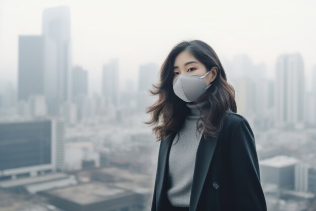 極度の汚染のためにフェイスマスクを着用している女性