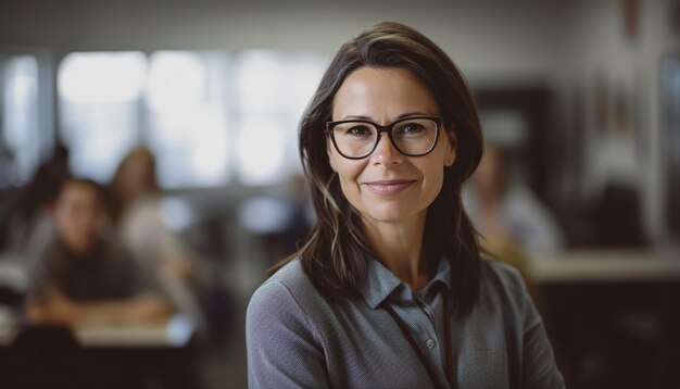 A woman wearing glasses stands in a busy office with a blurred background.