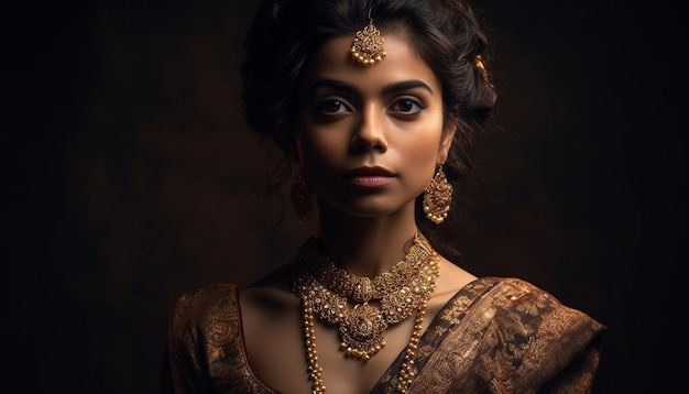 Free photo a woman wearing a gold necklace and a gold necklace