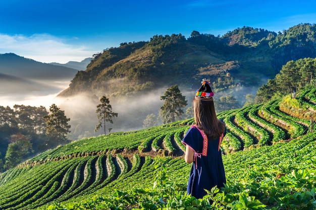 Woman wearing hill tribe dress in strawberry garden on doi ang khang , chiang mai, thailand.