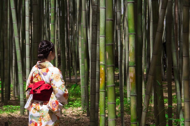 Женщина в традиционном японском кимоно стоит в бамбуковом лесу