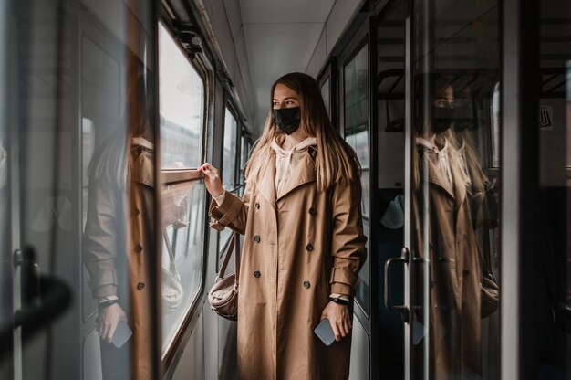電車の中で医療用マスクを着用している女性
