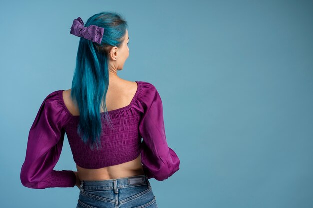 Woman wearing purple ribbon back view