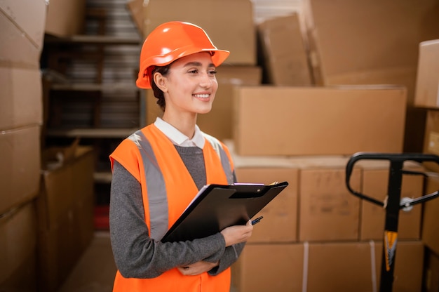 Foto gratuita donna che indossa un berretto di sicurezza al lavoro