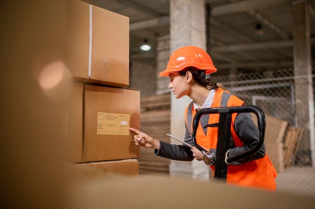 Donna che indossa un berretto di sicurezza al lavoro