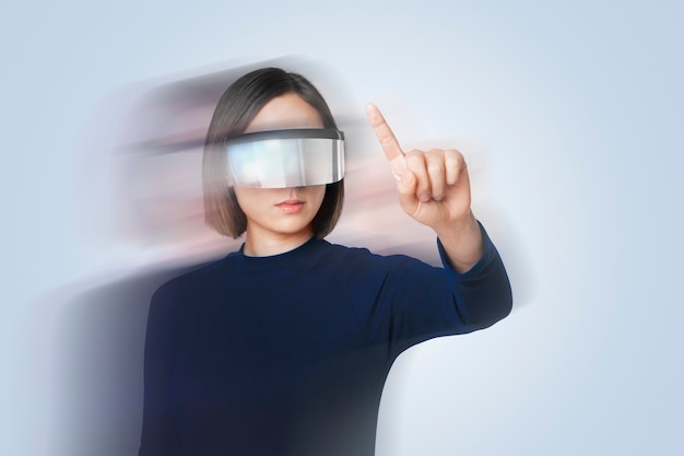 Woman wearing smart glasses double exposure effect on technology theme