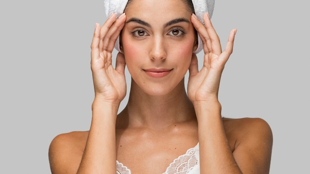 Woman wearing a towel on her head