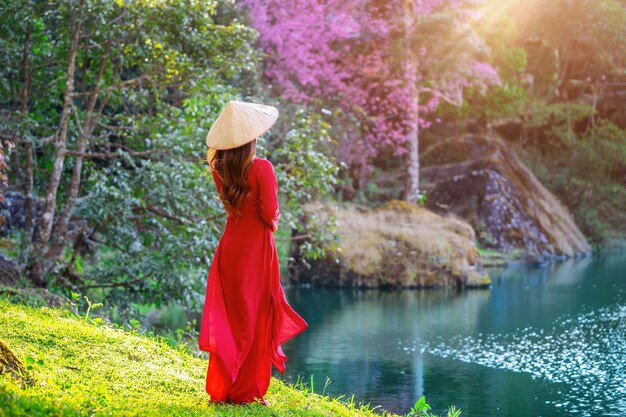 Woman wearing Vietnam culture traditional in cherry blossom park.