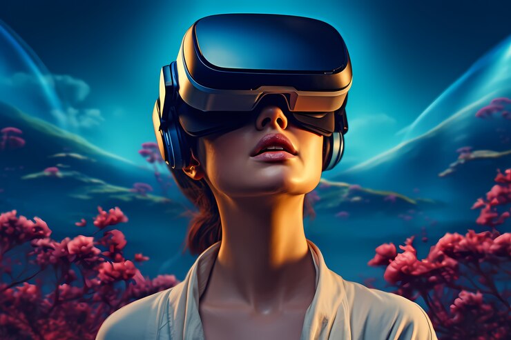 Free Photo woman wearing  vr glasses for gaming