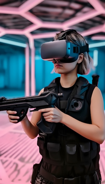 Free photo woman wearing  vr glasses for gaming