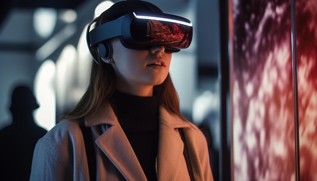 Free photo a woman wearing a vr headset stands in front of a glass wall.