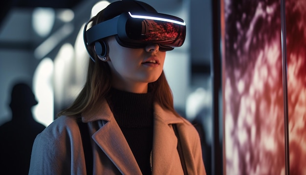 VRヘッドセットを装着した女性がガラスの壁の前に立っています。