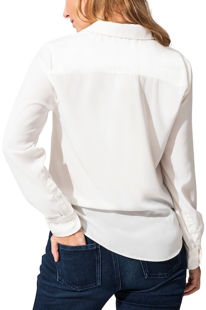 Free photo woman wearing white long-sleeve shirt with jeans rear view