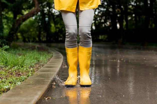 Woman wearing yellow rain boots