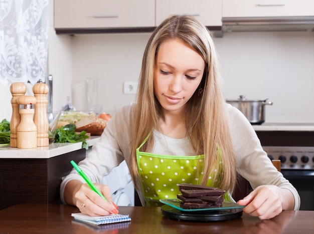 woman weighing chocolate on scales  