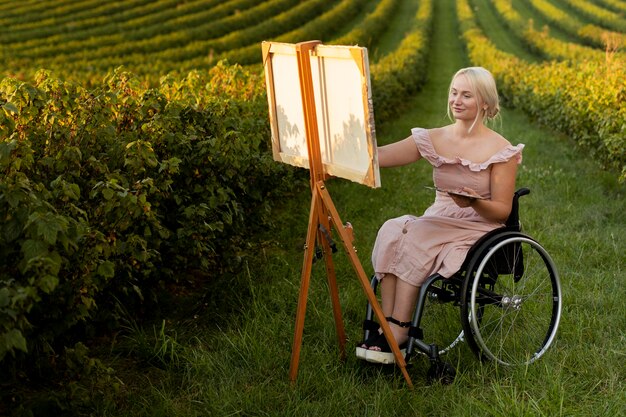 Woman in wheelchair painting outside