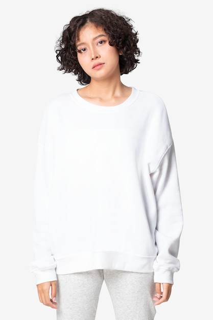 Woman in white basic sweater casual apparel