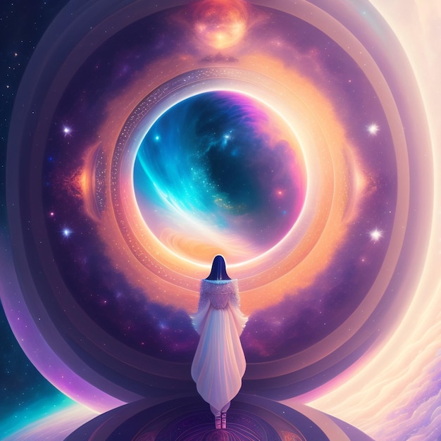 A woman in a white dress stands in front of a planet with the word planet on it.