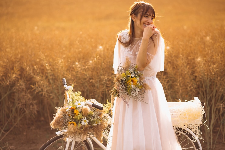 無料Photo フィールドに自転車と白いドレスの女
