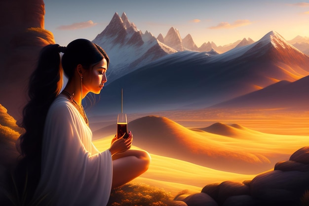 Free photo a woman in a white robe sits in front of a mountain landscape.