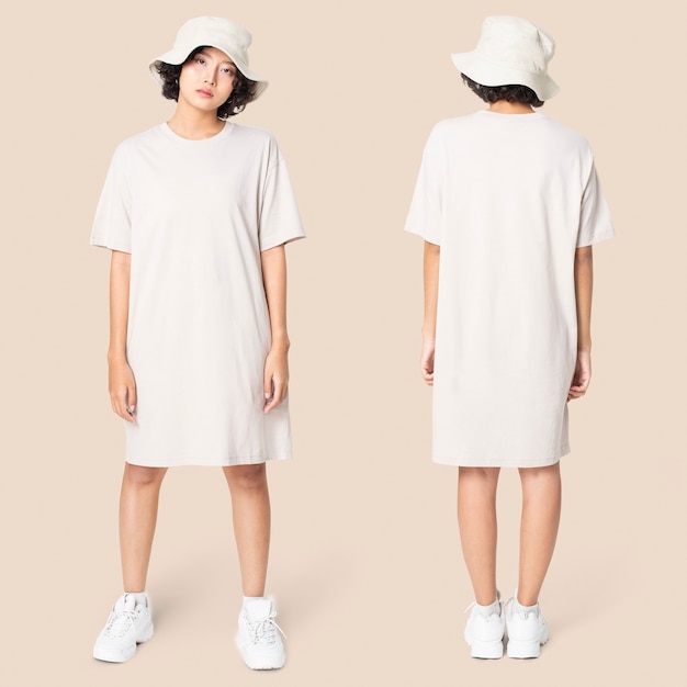 Woman in white t-shirt dress and bucket hat casual wear apparel