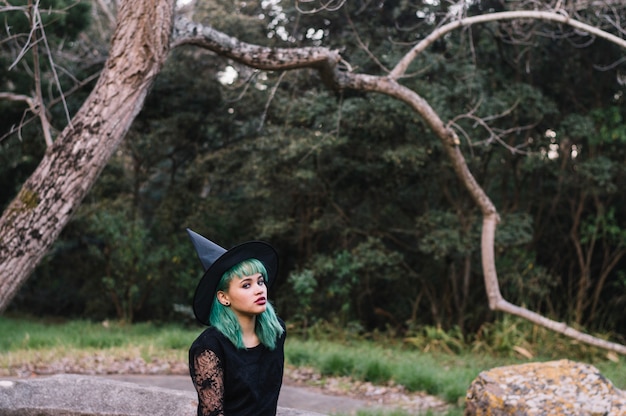 Free photo woman in witch carnival costume in woods