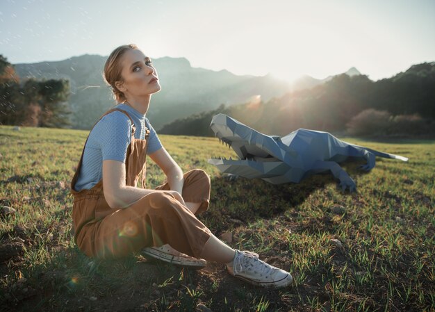 Woman with 3d crocodile illustrated