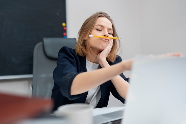 Woman with adhd at office medium shot