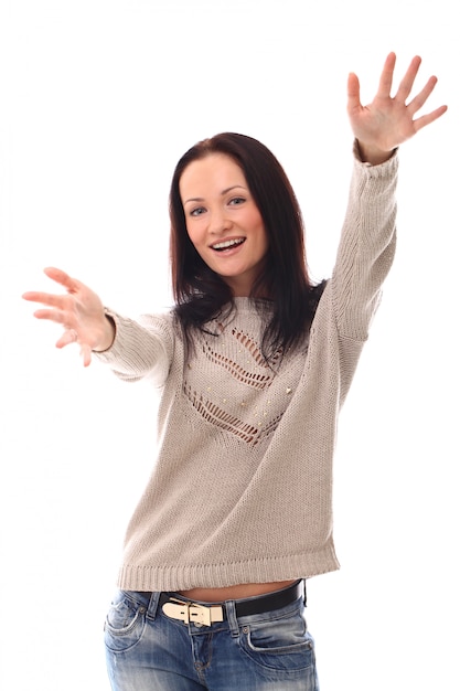 Woman with arms raised to give a hug