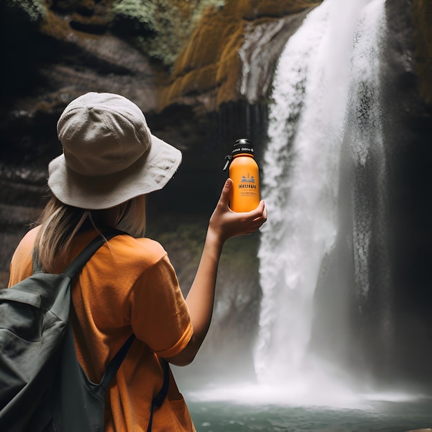 Foto gratuita donna con uno zaino e una bottiglia di crema solare sullo sfondo di una cascata