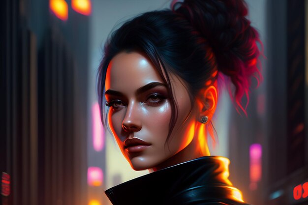 A woman with black hair and a black jacket stands in front of a neon city.