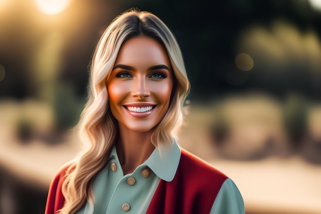 Free photo a woman with blonde hair and a red jacket stands in front of a sunset.