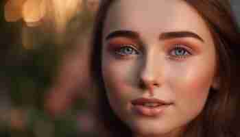 Free photo a woman with blue eyes and a brown hair looks into the camera