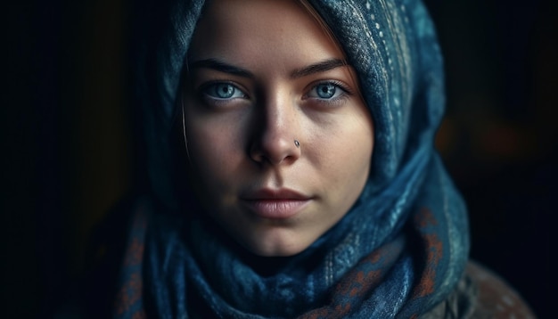 A woman with blue eyes and a scarf