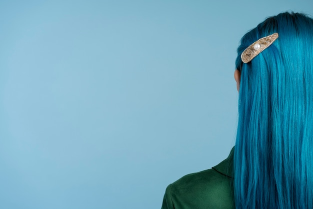 Woman with blue hair back view