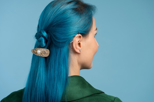 Woman with blue hair side view