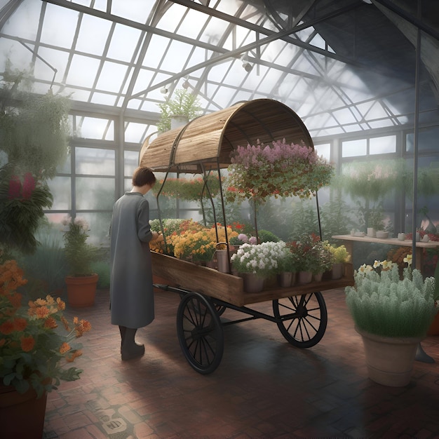 Free photo woman with a cart of flowers in a greenhouse 3d rendering