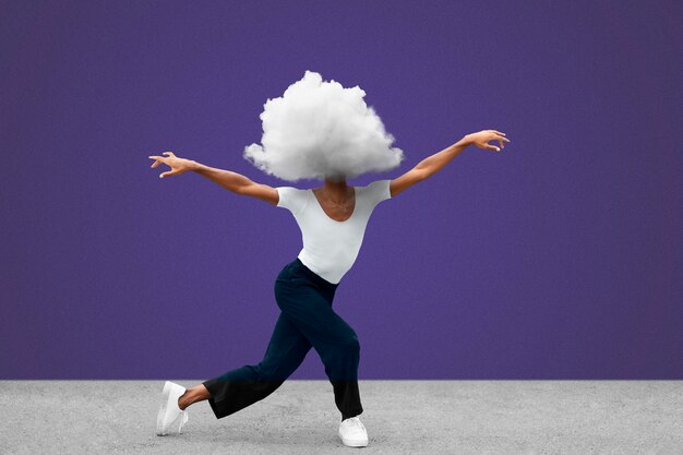 Woman with cloud-shaped head dancing full shot