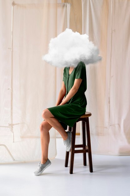 Woman with cloud-shaped head full shot