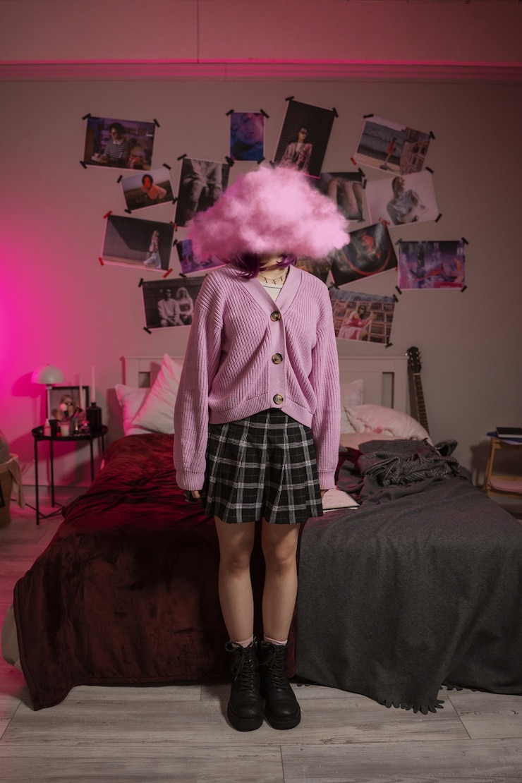 Free Photo woman with cloud-shaped head full shot