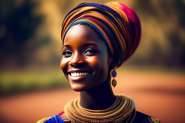 A woman with a colorful scarf and a bright smile